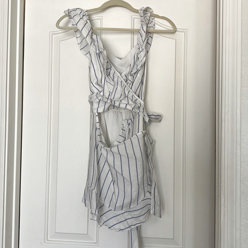 White with blue striped romper